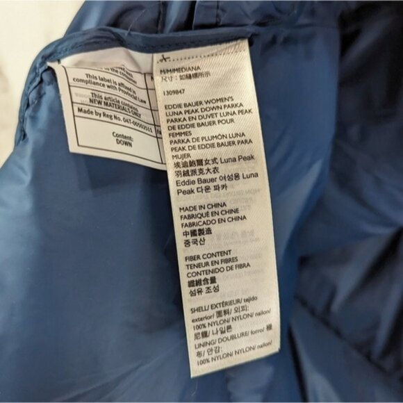 Eddie Bauer Down Puffer Jacket Women Medium Blue Parka Coat Hood Long 650 FP - Picture 11 of 13